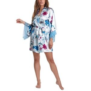 Linea Donatella Women Ayanna Satin Robe Blue S/M Floral Lace Bridal Kimono NWT